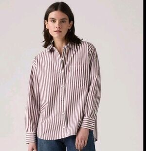 Levi's Harlie Womens Xl Oversized Boyfriend Shirt White Brown Striped Cotton Top
